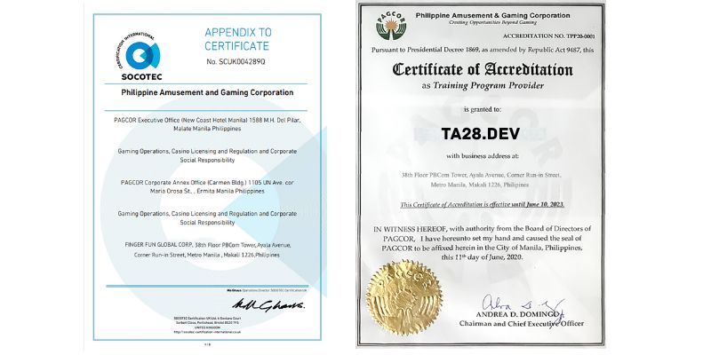 chứng nhận pagcor Ta28